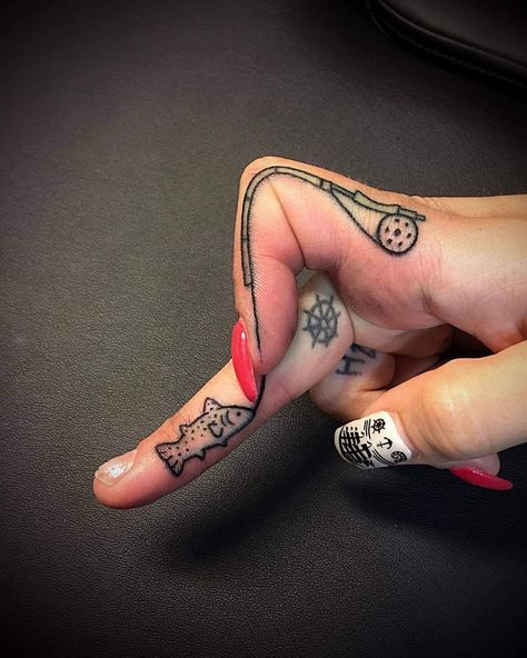 Fishing Tattoos, Fishing Hook Tattoo, Hook Tattoos, Fishing Tattoo, Cute Finger Tattoos, Cowgirl Tattoos, Cowboy Tattoos, Country Tattoos, Hand And Finger Tattoos