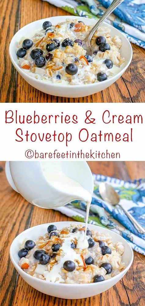 Blueberries and Cream Almond Oatmeal Oatmeal With Blueberries Breakfast, Blueberries And Cream Oatmeal, Oatmeal And Blueberries, Blueberry Pie Oatmeal, Oatmeal Recipes Blueberry, Thm Oatmeal Recipes, Stovetop Oatmeal Recipes, Arbonne Meals, Goddess Food