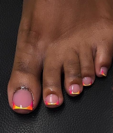 Pedi French Tip Art Designs, French Tips Toenails, Colorful French Pedicure, Orange French Tip Toes, French Toe Nail Designs, Pedicure French, Orange Toe Nails, Best Toe Nail Color, French Toe Nails