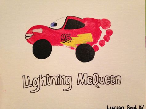 Lightning McQueen footprint art Footprint Art For Birthday, Red Footprint Art, Lightning Mcqueen Craft, Disney Character Handprint Art, Lightning Mcqueen Crafts, Car Footprint Art, Disney Handprint Art, Disney Footprint Art, Lightning Mcqueen Room