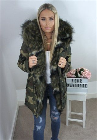 KHAKI FAUX FUR CAMO COAT Winter Fasion, Fake Leather Jacket, Supreme Clothing, Camouflage Coat, Fall Coats, Camo Style, Camo Fashion, Puffy Coat, Fur Parka