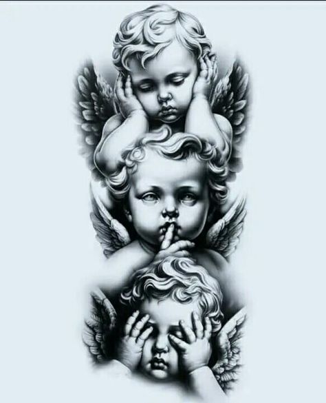 White Angel Tattoo, Guardian Angel Tattoo Designs For Men, Hear No Evil Speak No Evil See No Evil, Cool Forearm Tattoos Men, Chest Tattoo Design For Men, 3 Angels Tattoo, Tattoo Stencils Outline Design, Cherubim Angels Tattoo, Dark Lettering Tattoo