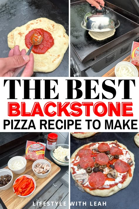 How to Make Delicious Pizza on the Blackstone Griddle - Lifestyle with Leah Blackstone Pizza Dough Recipe, Blackstone Naan Pizza, Blacktop Grill Ideas, Camping Pizza Recipes, Blackstone Griddle Pizza, Blacktop Recipes, Blackstone Griddle Recipes Dinners Low Carb, Blackstone Pizza Recipes, Keto Blackstone Griddle Recipes