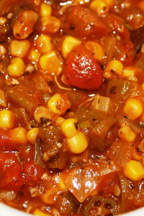 Stewed Okra, Tomatoes & Corn Okra Sausage And Tomatoes, Tomatoes And Corn, Orka And Tomatoes Corn, Okra And Tomatoes Southern Recipe, Okra Corn And Tomatoes Recipe, Okra Tomatoes Corn, Stewed Okra, Okra Soup, Okra Stew