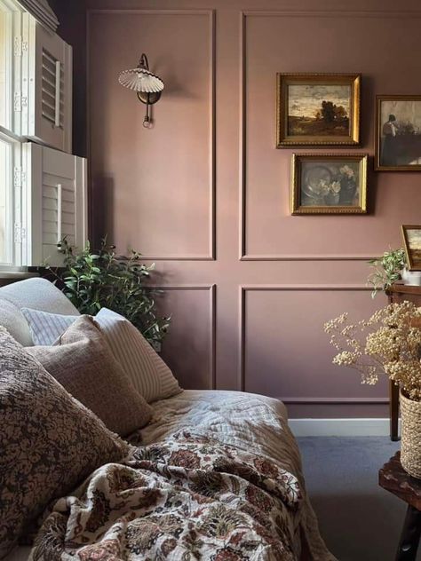 Green Wall With Panelling, Moody Paneling, Pink Ceiling Living Room, Moody Pink Office, Dusky Pink Living Room, Moody Pink Bedroom, Eggplant Paint, Dusty Pink Room, Edwardian Bedroom