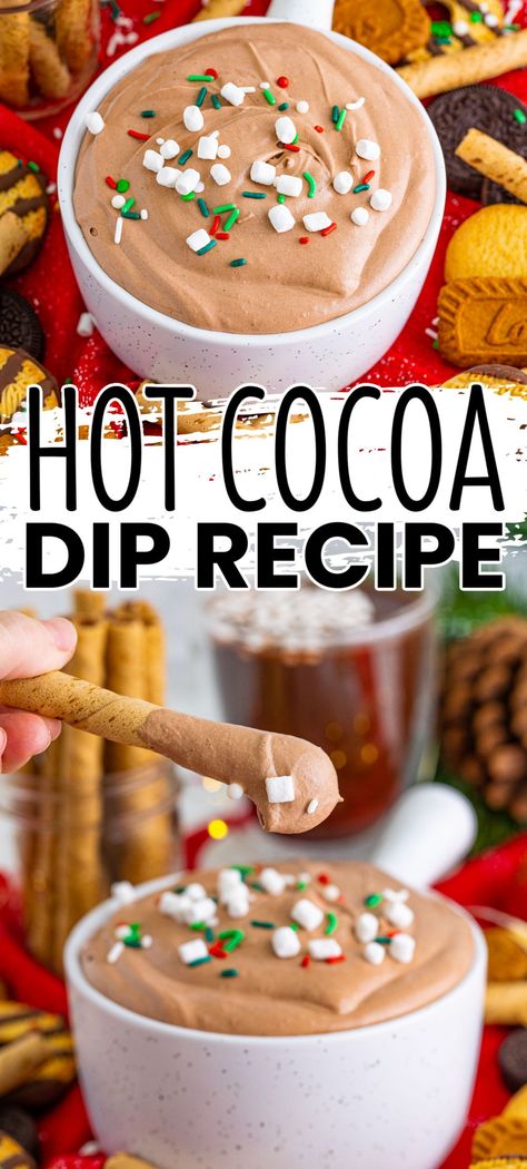 Hot Cocoa Dip is a quick and jolly creamy, marshmallow, and chocolaty no-bake treat to serve with all of your favorite cookies and sweets! #BreadBoozeBacon #hotchocolate #hotcocoa #dip #coolwhip #creamcheese #marshmallowfluff #hotcocoamix #hotchocolatemix #chocolate #partyfood #christmas #newyearseve Cocoa Dip Recipe, Hot Coco Dip, Hot Cocoa Dip Recipe, Hot Chocolate Dip, Hot Cocoa Dip, Frozen Hot Chocolate Dip, Hot Cocoa Cheesecake Dip, Peppermint Mocha Dessert Dip, Hot Cocoa Dip With Marshmallow Fluff