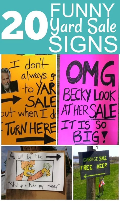 20 Funny Yard Sale Signs #yardsale #garagesale #signs via @Fleamarketflipp Funny Yard Sale Signs, Garage Sale Signs Funny, Yard Sale Signs Funny, Yard Sale Hacks, Yard Sale Organization, Garage Sale Organization, Garage Sale Tips, Yard Sale Signs, Garage Sale Signs