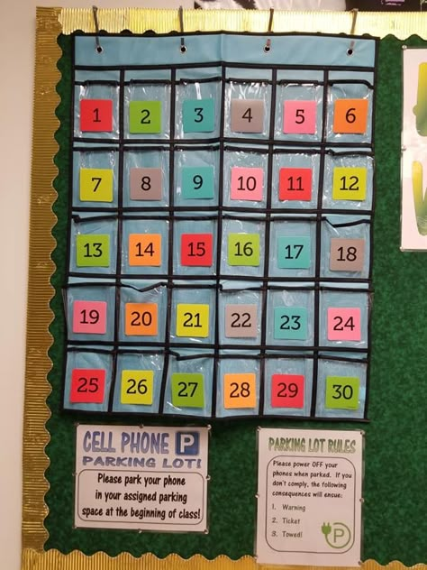 Cell Phone Bulletin Board, Classroom Parking Lot Ideas, High School Phone Policy, Cell Phone Storage For Classroom, Middle School Classroom Storage, Phone Storage For Classroom, Phone Jail Classroom, Classroom Cell Phone Storage Ideas, Classroom Phone Storage