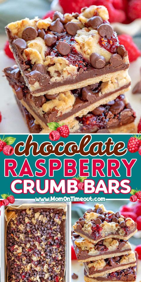 Decadent Chocolate Raspberry Crumb Bars are so easy to make with layers of rich, luscious chocolate, tart raspberry preserves, a buttery crust and topped with a crunchy, nutty crumble. Perfect for satisfying your sweet cravings or impressing guests, these bars deliver a perfect balance of sweet, tart and irresistible flavors in every bite. | MomOnTimeout.com Chocolate Raspberry Bars Recipes, Raspberry Chocolate Bars, Easy Raspberry Desserts, Rasberry Bars, Raspberry Dessert Bars, Chocolate Raspberry Dessert, Chocolate Raspberry Bars, Raspberry Desserts Easy, Adorable Desserts