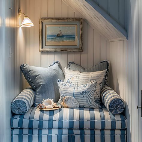 Create a coastal retreat in your bedroom with blue and white inspirations. #CoastalRetreat #BedroomDecor Beach House Blue And White, Blue And White Lake House, Summer Apartment, Beach House Sofa, Blue And White Cottage Bedroom, Blue And White Interior Design, Blue Beach House Aesthetic, Coastal Interior Design, Beach Cottages Exterior