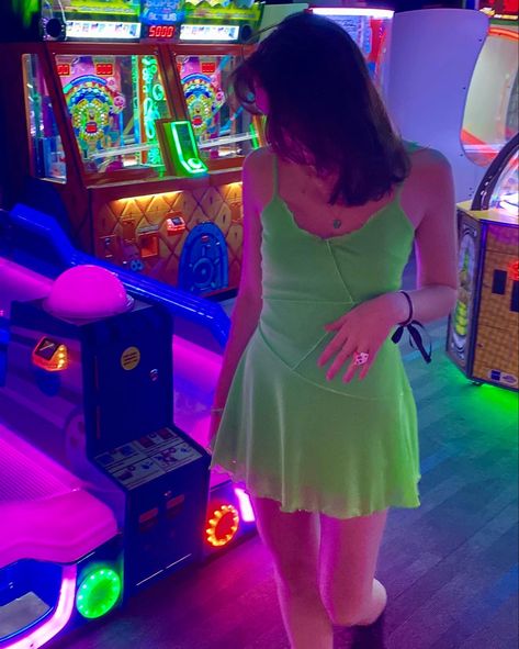 Neon Dress Aesthetic, Green Dress Aesthetic, Aesthetic Arcade, Neon Green Dress, Arcade Aesthetic, Neon Green Dresses, Student Aesthetic, High School Dance, Neon Dresses