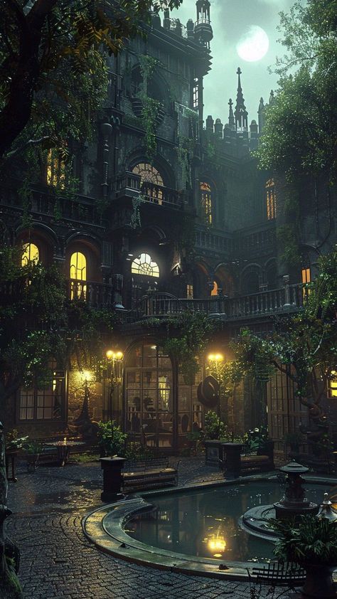 Mansion In The Woods Aesthetic, Dark Academia Building Exterior, Overgrown Manor, Urban Magic Aesthetic, Dark Manor Aesthetic, Dark Academia Castle, Garden Design Drawing, Fantasy Mansion, Dusk Aesthetic