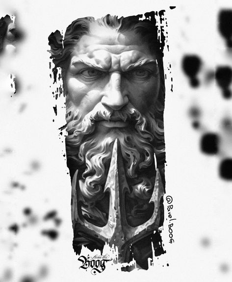 Poseidon Portrait, God Tattoo, Statue Tattoo, God Tattoos, New Tattoo Designs, Greek Tattoos, Greek Style, New Tattoo, Black And Gray