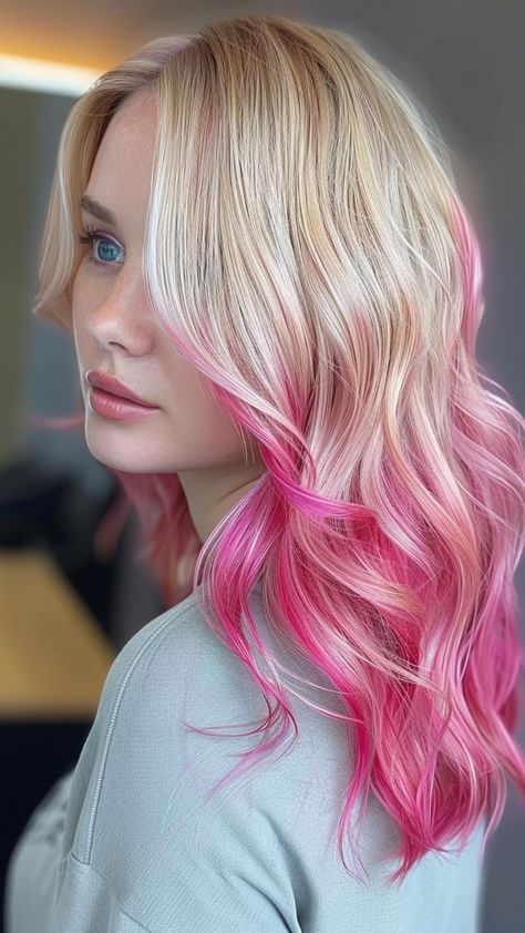 24 Two-Tone Hair Colors for a Unique Look Blonde And Other Color Hair, Blonde Ombre Hair Color Ideas, Dirty Blonde Hair With Pink Highlights, Blonde Hair With Pink Ends, Blonde Hair With Bright Colors, Blonde With Pink Tips, Blonde With Pink Highlights, Pink And Blonde Hair, Two Tone Hair Color Ideas