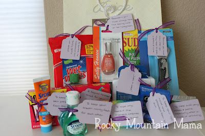 Bridal shower gift idea - airplane/honeymoon survival kit: crossword book, travel pillow, flip-flop slippers, Asprin, luggage tag, sleep mask, etc. Honeymoon Kit For Couple, Travel Kit Gift Ideas, Honeymoon Survival Kit, Wedding Gifts To Make, Honeymoon Kit, Honeymoon Gift Baskets, Bach Gifts, Bridal Shower Gifts Ideas, Honeymoon Basket