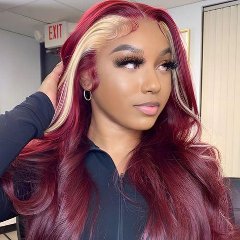 Red Hair Unique, Frontal Sew In Color, Red Lace Wig, Christmas Wigs Black Women, Hair Styles Teens, Red Hair Wigs, Red And Burgundy Hair, Blonde And Red Lace Front Wig, Burgundy Pink Hair