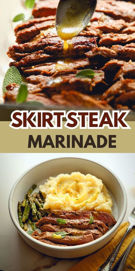 This skirt steak marinade is a delicious blend of citrus, fresh sage, garlic, and apple cider vinegar, providing a rich, tangy, and savory flavor that enhances the steak's natural taste. #skirtsteak #glutenfree Marinated Steak Recipes, Apple Cidar Vinegar, Skirt Steak Marinade, Skirt Steak Recipes, Roasted Chicken And Potatoes, Fresh Sage, Cider Recipe, Roasted Green Beans, Steak Marinade