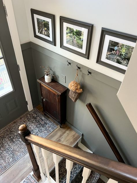 Split Level Stairway Wall Decor, Home Decor Ideas Split Level, Split Ranch Entryway Ideas, Raised Ranch Bathroom Ideas, Small Entryway Ideas Raised Ranch, Split Level Front Entryway Ideas, Front Entry Split Level, Split Level Entryway Coat Rack, Bilevel Entryway Split Entry Stairways