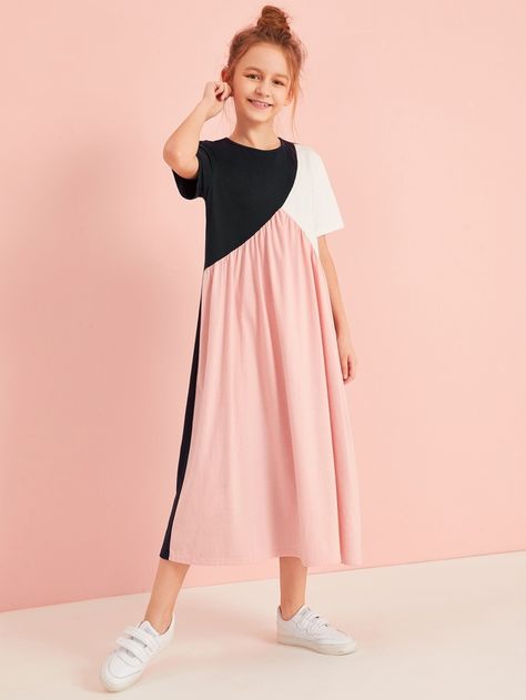 Girls Cut And Sew Tee Dress | SHEIN USA Modest Girls Dresses, Cord Pinafore Dress, Striped Tee Dress, Girls Cuts, Mode Abaya, Dresses Kids Girl, Girls Fashion Clothes, Tee Dress, Belted Dress