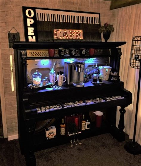 I saw this piano turned repurposed into a coffee bar in a home I sold. The keyboard stored the k-cups and it was gutted to hold the Keurig, sugar, sweeteners, and cream. Puts a whole new meaning to piano bar!    By the talented: @uniquelyrepeated Piano Turned Into Coffee Bar, Piano Coffee Bar Repurposed, Piano Turned Into Bar, Piano Bar Repurposed, Piano Coffee Bar, Refinished Piano, Refinish Piano, Repurpose Piano, Recycled Piano