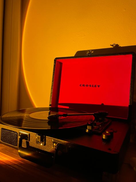 Crosley record player with sunset lamp Old Record Player Aesthetic, Vintage Record Player Aesthetic, Vinyl Player Aesthetic, Vinyl Record Player Aesthetic, Vinyl Aesthetic Vintage, Vinyl Disk Aesthetic, Red Record Player, Lp Aesthetic, Record Player Aesthetic