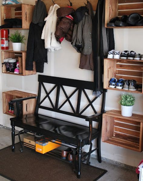 Why A Drop Zone Will Revolutionize Your Home - PureWow Crates On Wall, Mud Room Garage, Garage Mudroom, Garage Organizing, Mudroom Organization, Garage Entry, Garage Remodel, Mudroom Ideas, Mud Rooms