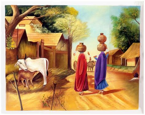 Village Indian, Drawing Composition, Village Scene Drawing, Women Clipart, Village Art, Composition Painting, India Painting, Japan Painting, Scene Drawing