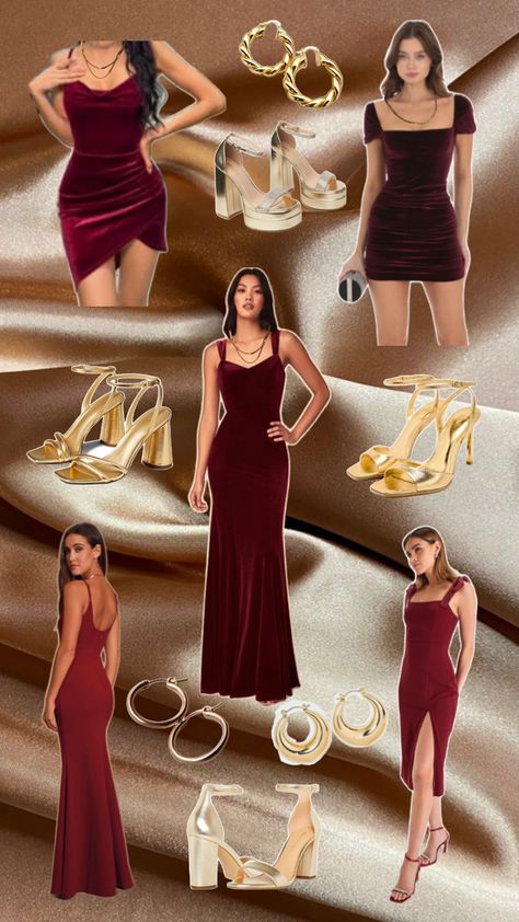 maroon dresses and gold heels, gold hoop earrings and gold chain necklace Maroon Dress Jewelry Ideas, Burgundy Dress With Gold Accessories, Burgundy Dress Accessories, Maroon Dresses, Silk Dresses Outfit, Elegant Silk Dresses, Maroon Outfit, Burgundy Gown, Dress Outfits Party