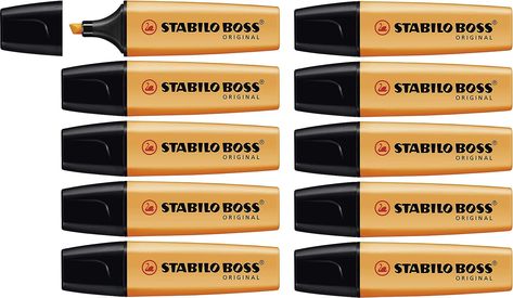 The original distinctive shaped highlighter. One of Europe's popular Highlighter STABILO Anti-Dry Out Technology: 4 hour cap off time; Refillable; Wedge tip draws broad lines, highlights and underlines The only highlighter that comes in 9 fluorescent colours Highlighter Stabilo, Stabilo Boss, Fluorescent Colors, Water Based Ink, Highlighter, Orange, The Originals, 10 Things, Color