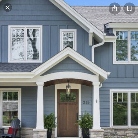 Blue Craftsman Exterior, Light Blue House Exterior, House Exterior Colors Blue, Blue Craftsman, 2 Story Craftsman, Transitional Exterior, Exterior Home Design, Exterior House Remodel, Blue Exterior