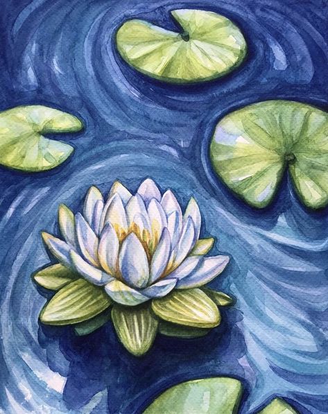 Watercolor Painting Refrences, Easy Lily Pad Painting, Lily Pads Drawing, Lily Pads Painting, Lily Pad Painting, Lily Pad Drawing, Lotus Flower Blue, Water Lily Drawing, Watercolor Lily