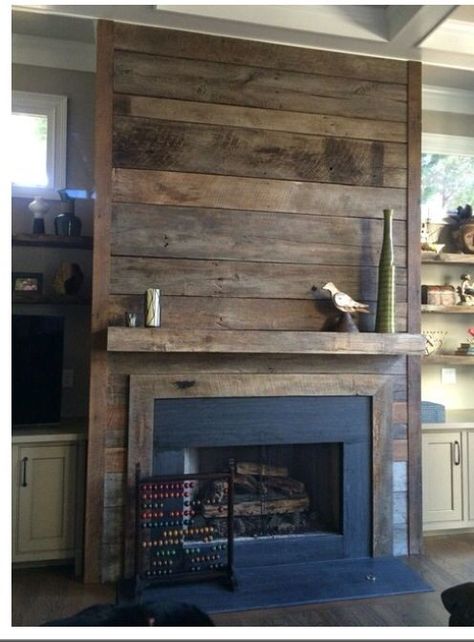 Scandinavian Fireplace, Farmhouse Fireplace Ideas, Rustic Farmhouse Fireplace, Wood Fireplace Surrounds, Reclaimed Wood Fireplace, Rustic Family Room, Fireplace Bookshelves, Fireplace Shelves, Farmhouse Fireplace