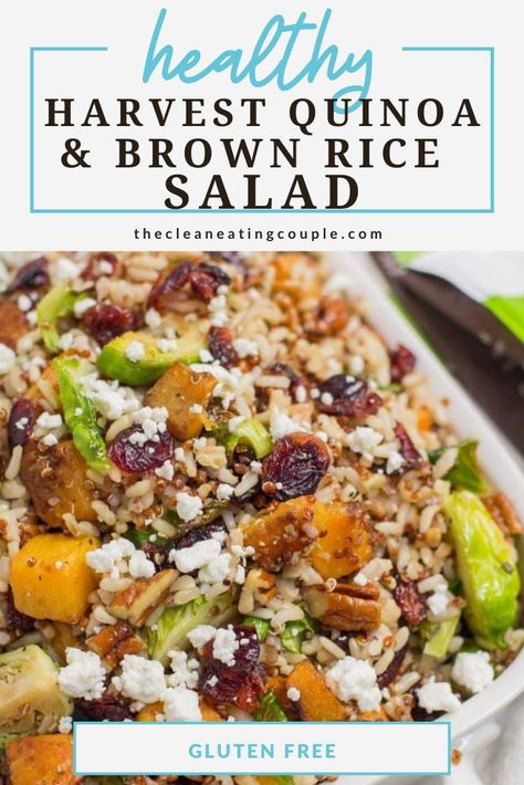 Harvest Quinoa and Brown Rice Salad is a simple, delicious side dish. Naturally gluten free and made with only a few ingredients, it goes with any dinner! Packed with butternut squash, cranberries & brussels sprouts - it's perfect for the holidays or a healthy fall dinner! You can enjoy it cold or warm! #fall #thanksgiving #sidedish #healthy #recipe Quinoa And Brown Rice, Thanksgiving Side Dishes Crockpot, Healthy Fall Dinner, Thanksgiving Side Dishes Healthy, Brown Rice Salad, Thanksgiving Menu Ideas Side Dishes, Autumn Side Dishes, Quinoa Rice, Fall Recipes Healthy