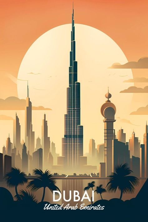 Dubai Illustration Art, Vector Travel Poster, Dubai Illustration, Dubai Poster, Travel Graphic Design, City Postcard, Travel Poster Design, Vintage Poster Design, Photoshop Tutorial Design