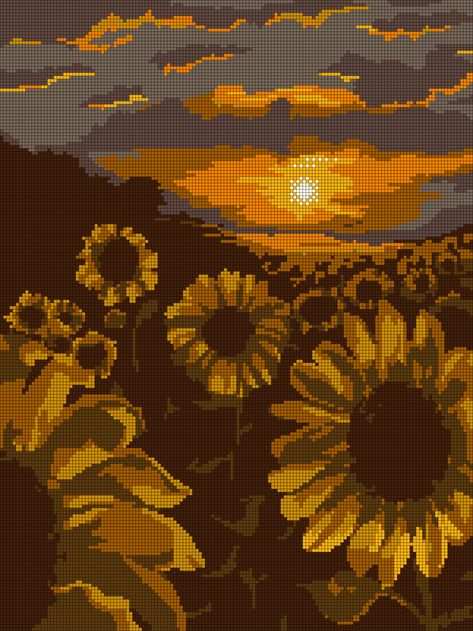 Alpha pattern #174081 | BraceletBook Sunflower Tapestry Crochet, Clouds Alpha Pattern, Nature Alpha Pattern, Flower Tapestry Crochet, Sunflower Tapestry, Autumn Field, Clouds Light, Pixel Grid, Crochet Grid