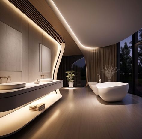 Home Innovations: An Amazing Futuristic Home Villa | Dream Home Inspiration Futuristic Bathroom Design, Futuristic Architecture Home, Futuristic Home Interior, Futuristic Bathroom, Luxury Bathroom Ideas, Luxury Spa Bathroom, Futuristic House, Serene Bathroom, Bathroom Retreat