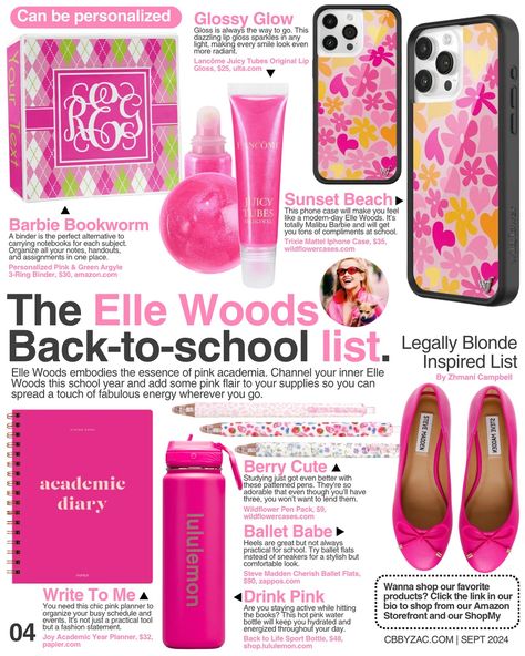 Calling all Legally Blonde fans. Are you still looking for school supplies? Here is the official Elle Woods back-to-school list 🎀💼 4/10 of our back-to-school list: TV & film 🏷️: #cbbyzac #magazinearticle #pinterest #fyp #backtoschool #pinkacademia #legallyblonde #ellewoods #pinterestaesthetic Romatacize School, Ell Woods, Legally Blonde Aesthetic, Academia Barbie, Cna Lifestyle, School Manifestation, Girly Academia, Pink Magazine, Back To School List