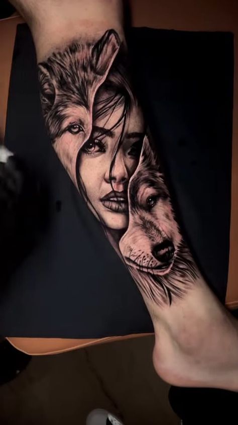 Half Woman Half Wolf Tattoo, Calf Tattoos For Women, Cute Shoulder Tattoos, Native American Tattoo Designs, Cute Tattoo Ideas, Animal Line Drawings, Father Tattoos, Mystical Tattoos, Native American Tattoo