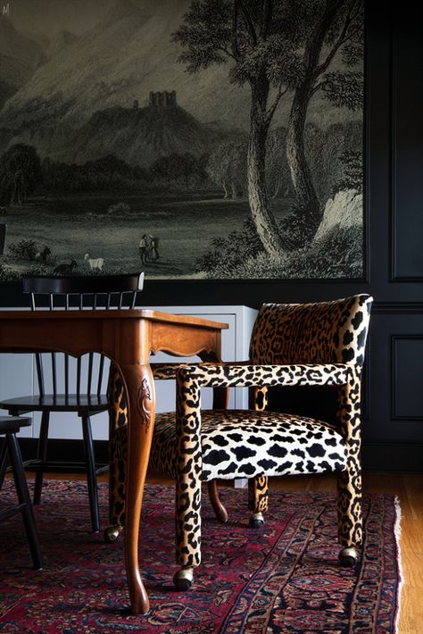 When to Ignore the Trends - The Makerista Leopard Print Furniture, Animal Print Furniture, Leopard Print Rug, Bakers Table, Behind The Curtain, Love Hate Relationship, Black Dining Room, Traditional Interior Design, Dark Walls