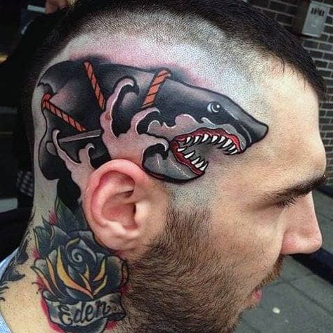 30 Neo Traditional Shark Tattoo Designs For Men - Cool Ink Ideas Legacy Tattoo, Traditional Shark Tattoo, Stocking Tattoo, Girl Face Tattoo, Ink Magazine, Shark Tattoo, Shark Tattoos, Inked Magazine, Desenho Tattoo