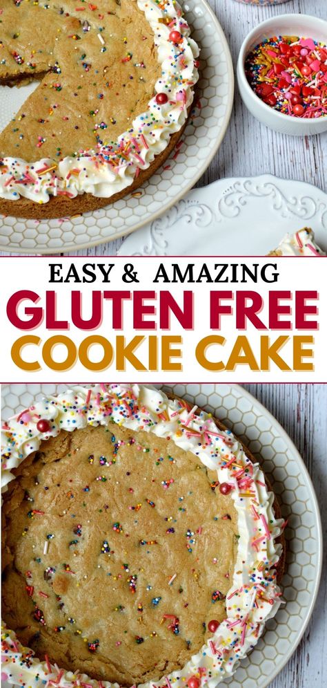 gluten free cookie cake with a buttercream border Cookie Cake Gluten Free, Gluten Free Celebration Cake, Gluten Free Dairy Free Cookie Cake, Gluten Free Chocolate Chip Cake, Gluten Free Sheet Cake Recipes, Vegan Gluten Free Cakes, Gluten Free Birthday Cake Ideas, Gluten Free Chocolate Chip Cookie Cake, Easy Gluten Free Cake Recipes