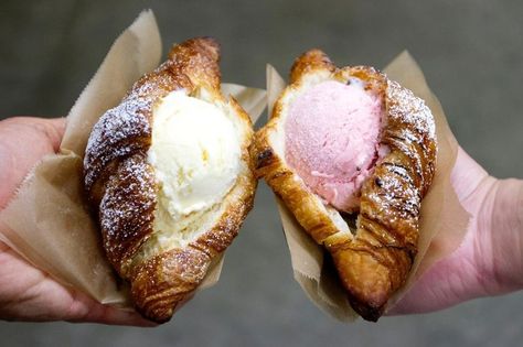 croissant dessert - It’s not uncommon to see croissants that are dressed with powdered sugar, nuts and drizzles of chocolate to make them extra decadent, but Chu... Food Truck Business, Oreo Dessert, Cream Desserts, Cafe Menu, Ice Cream Desserts, Ice Cream Shop, Food Trends, Ice Cream Sandwich, Mini Desserts