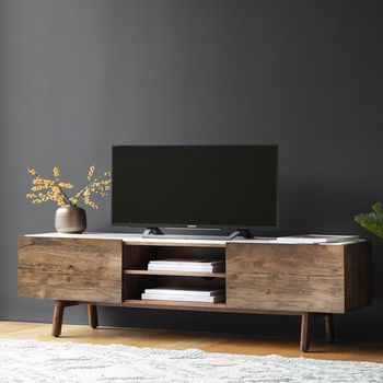 Wood And Marble Media Cabinet By The Forest & Co | notonthehighstreet.com Wood Media Unit, Metal Tv Stand, Suport Tv, Tv Lcd, Wooden Tv Stands, Flat Panel Tv, Media Unit, Media Cabinet, Wood And Marble