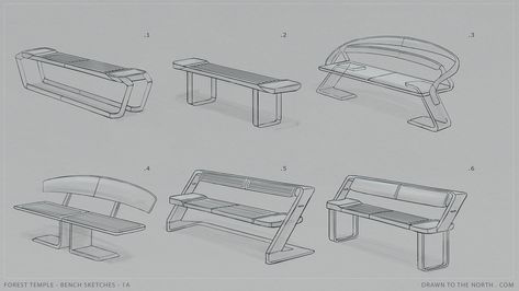 Here's some simple bench design sketches for a forest temple interior. https://www.artstation.com/drawntothenorth #conceptdesign #conceptart #furnituredesign #designsketch Bench Sketch Design, Bench Sketch, Urban Furniture Bench, Bench Drawing, Forest Temple, Temple Interior, Gym Architecture, Sketch Landscape, Simple Bench