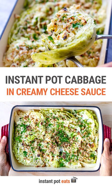 This Instant Pot cabbage recipe with creamy cheesy and garlicky sauce brings a humble cruciferous vegetable into the spotlight. Pressure cooking cabbage wedges is quick and easy, and since the cream sauce is made in the same pot afterwards, you're looking spectacular results with minimal cleanup. This is a delicious side dish that can served as a festive addition at a Thanksgiving, Christmas, Easter, Sunday Roast or any potluck table. It's vegetarian-friendly and gluten-free (omit the croutons!) Cooking Cabbage, Keto Cabbage Recipe, Instant Pot Cabbage, Cabbage Wedges, Creamy Garlic Sauce, Cabbage Recipe, Cooked Cabbage, Eat Veggies, Best Instant Pot Recipe