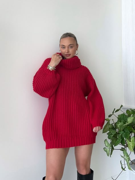 Details: Turtleneck sweater dress Chunky knit Oversized Ribbed Wide sleeves Size Fit: Model is... Crochet Winter Dresses, Flame Sweater, Cozy Dress Outfit, Winter Sweaters Oversized, Chunky Knit Sweaters, Orange Sweater Dress, Crochet Sweater Dress, Bright Sweater, Oversized Sweater Outfit