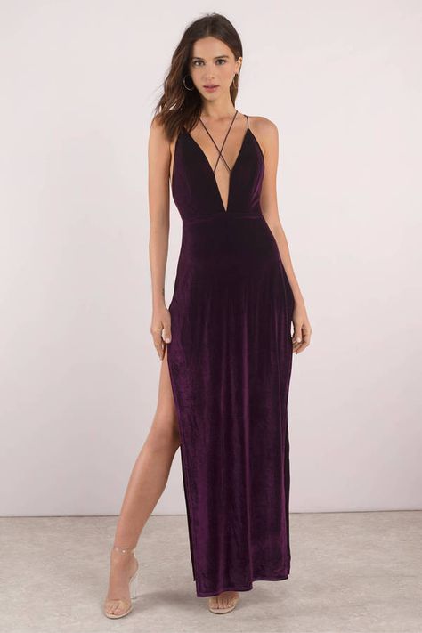 Work that velvet magic in our most stunning velvet gown yet, the Maxine Velvet Maxi Dress. This soft velvet Plum maxi plunges to a gorgeous strappy de #shoptobi Red Evening Gown, Plum Velvet, Black Evening Gown, Purple Maxi, Deep V Dress, Low Cut Dresses, Deep V Neck Dress, Rose Velvet, Velvet Maxi