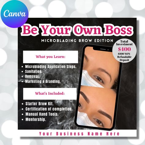 Excited to share the latest addition to my #etsy shop: Becoming a Brow Boss Class Flyer, Editable Canva Flyer template, Microblading Brow Class printable flyer or Instagram post https://etsy.me/3MkxQyt #black #gray #browboss #browartist #microbladingbrow #browtreading Canva Flyer, Brow Kit, Brow Artist, Marketing Branding, Brand Marketing, Instagram Post Template, Post Templates, Social Media Content, Microblading