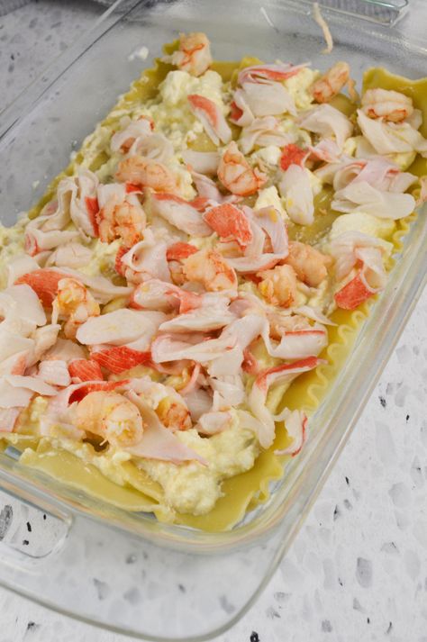 Simple Seafood Lasagna - Stef's Eats and Sweets Shrimp Cannelloni Recipes, Crab And Shrimp Lasagna, Seafood Pasta For A Crowd, White Seafood Lasagna Recipe, Crab Manicotti Recipe, Marry Me Seafood Lasagna, Seafood Manicotti Alfredo, White Seafood Lasagna, Seafood Lasagna Recipe