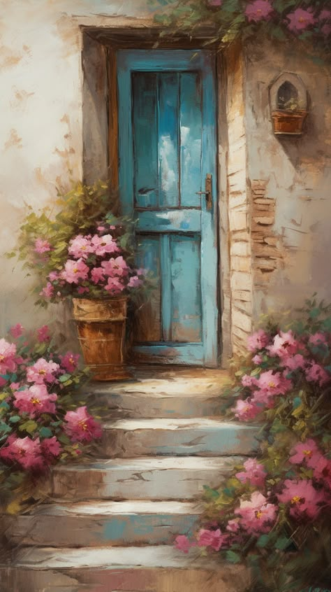 #artshow #artistic #arts #art #fantasyart #clipart #creativeart #pen #artoftheday #artwork #abstract #trendyart #artprint #vector #illustrator Door Canvas Art, Door Paintings On Canvas, Watercolor Doors Paintings, Door Painting, Roses Print, Pink Door, Artwork Abstract, Cottage Art, 수채화 그림